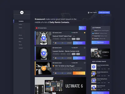 Kreasound card clean dark interface music responsive ui ux website