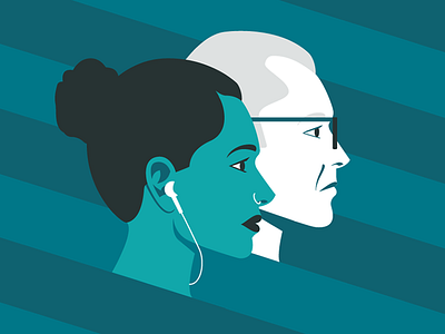 Building Millennial Workplace Cover Illustration earbuds illustration man millennial office portrait profile woman work