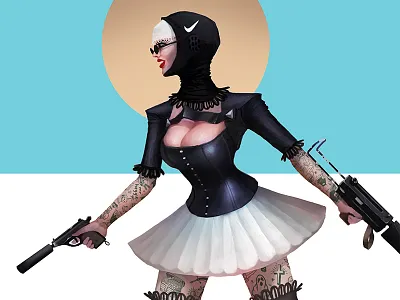 Pew Pew digital guns painting woman