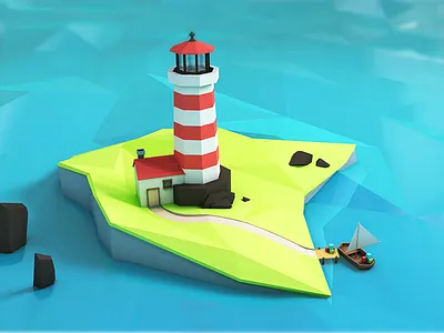A Life on the Sea 3d c4d cinema4d house lighthouse low model poly scene sea