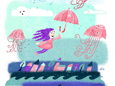 Celeste and the Umbrellyfish childrens clouds girl illustration jellyfish kidlitart storm umbrella village wind
