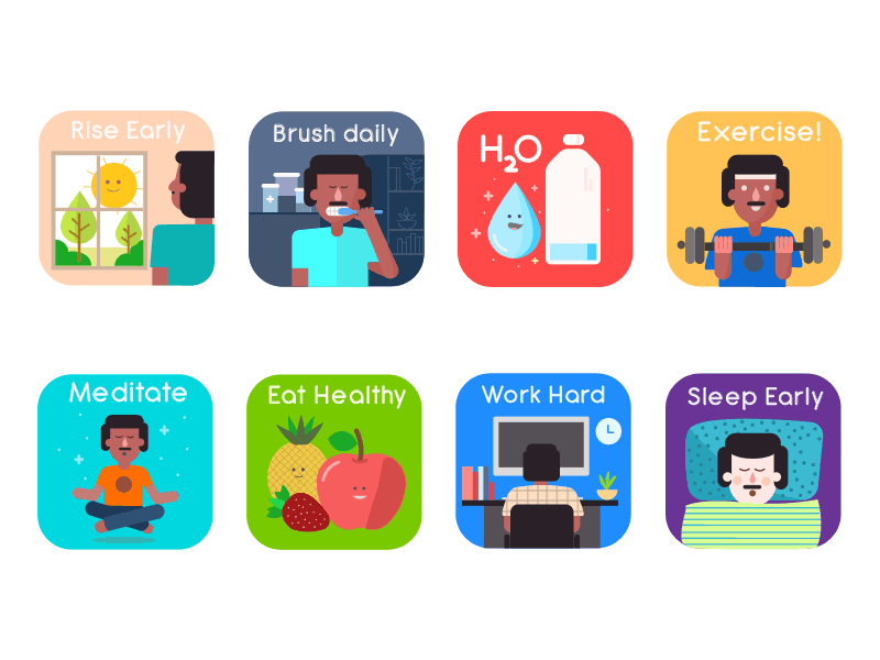 Health Stickers brushing drinking eating exercise imessage meditate morning sleeping stickers work hard