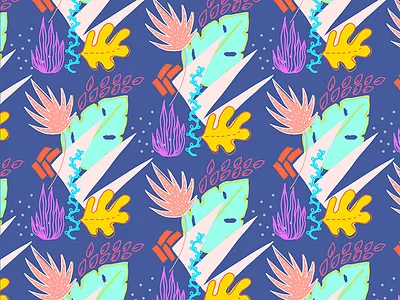 Tropical Dream Pattern botanical colorful colors leaves mint navy plants tropical