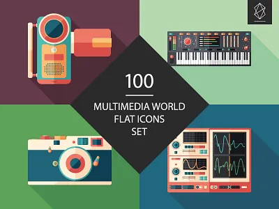 100 Multimedia world flat icons set audio button camera design flat icon illustration media multimedia music retro sound vinyl