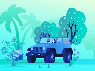 Spring car draw driver flower illustration nature palm plant spring tree