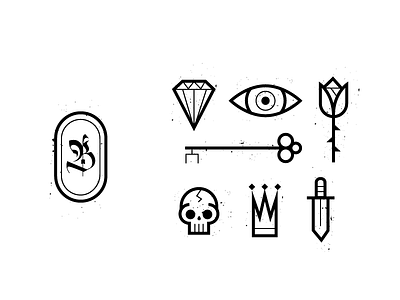 Items blackletter crown dagger diamond eye flower key rose skull