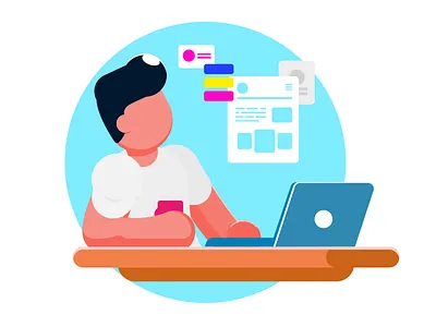 Designer aqua blue computer cyan designer flat green guy illustration laptop ui