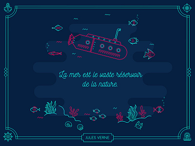 Under water illustration submarine under the sea verne