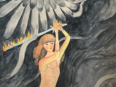 Sword fight... bird fight illustration monster sword watercolor