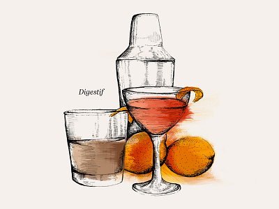 After Dinner Drinks bourbon cocktails drawn hand illustration menu restaurant whiskey whisky