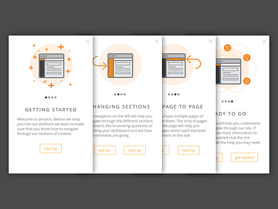 almanis On-boarding cards explanation illustrations intro on boarding