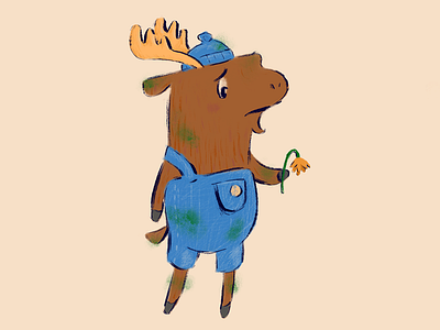 Moose with Flower character childrens book cute flower illustration moose overalls picture procreate sketch