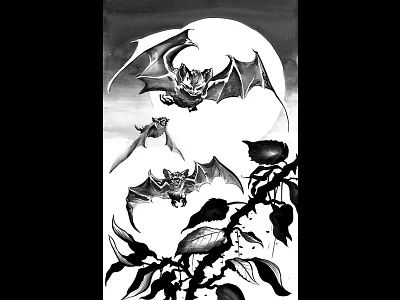 Bats bats brush drawing ink painitng sumie thorns