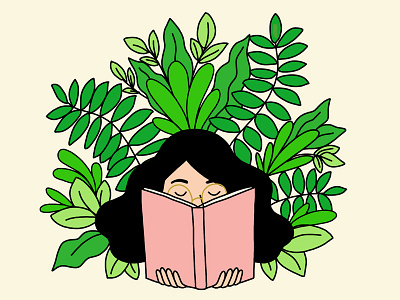 Grow your mind 30 days of plants book girl glasses green houseplants illustration line drawing photoshop plants reading