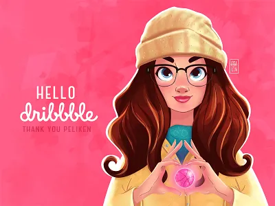 HELLO dribbble! art debut first girl illustration invite portrait selfie shot