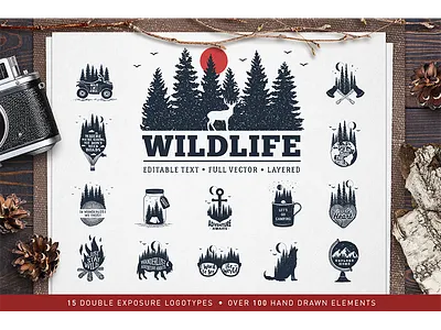 Wildlife. Double Exposure Logos adventure badges creativemarket double exposure grunge hand drawn hipster logo travel trend vintage wandelust