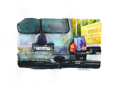 Car illustration road travel trip watercolour