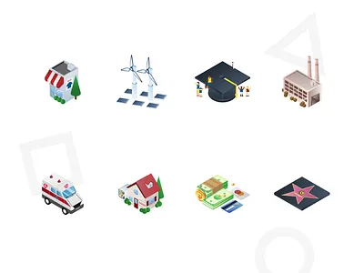 Isometric Industry Icons ambulance cash education hat house money people power solar star store warehouse
