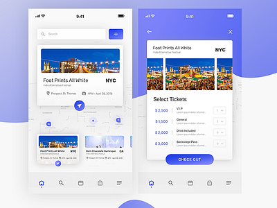 Ticket UI app blues color events nearby shapes ticket ui