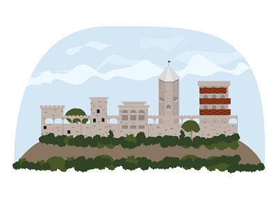Castle Walls balcony castle globe green greenery mountain tree wall windows