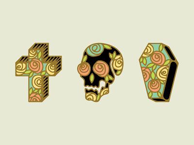 Roses Set coffin cross enamel flower illustration pin rose set skull