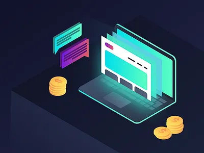 Isometric Illustration for Web Header 3d beautiful coins computer forum gradient illustration isometric laptop messaging money style
