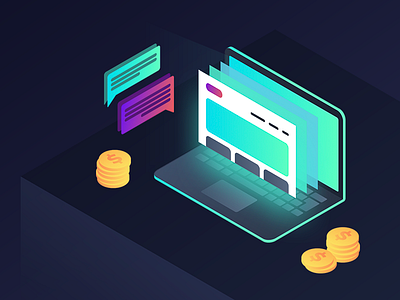 Isometric Illustration for Web Header 3d beautiful coins computer forum gradient illustration isometric laptop messaging money style