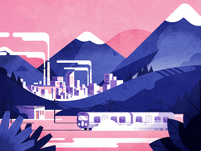 Passing train cityscape design flat landscape mountains train vector