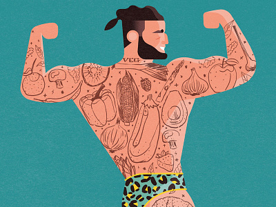 Vegan Bodybuilder character fitness fruit health hipster illustration salad veg vegan veggie workout