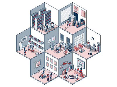 Isometric Venue Types airport flat hospital icon illustration isometric line mall office section vector venue