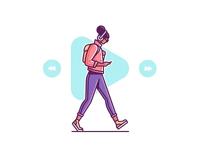 Girl Walking audio character color headphones illustration line music player