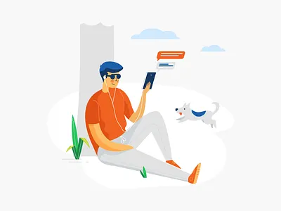 Set Your Own Pace character dog flat illustration landing learning online phone talk tree web