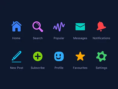 Navigation home icon icons messages notifications popular profile reddit search settings