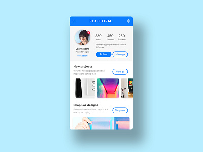 Simple platform portfolio designer ecommerce follow message posts product profile projects shop ui