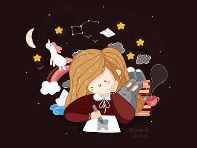 Fantasy books coffe cute. girl doodle draw rabbit rainbow unicorn vector vectorart
