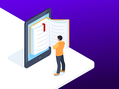 Isometric concept E-book. 3d banner book design e library information isometric man people screen technology vector