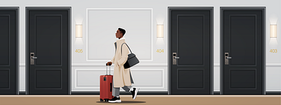 On the way to the hotel room character corridor design hall hotel illustration man suitcase travel traveller trench coat vector walking