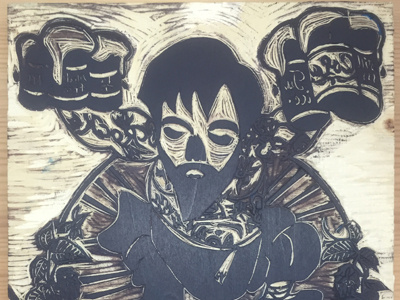Part of wood carving ‘Drunk all day long’ engraving