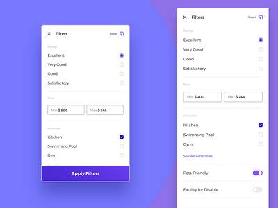 Filter Screen amenities filters price reset ui