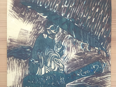 Big rain linocut woodcut