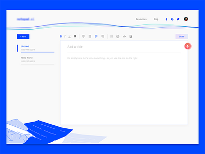 Notepad web app app blue illustration landing notepad notes ui ux web write