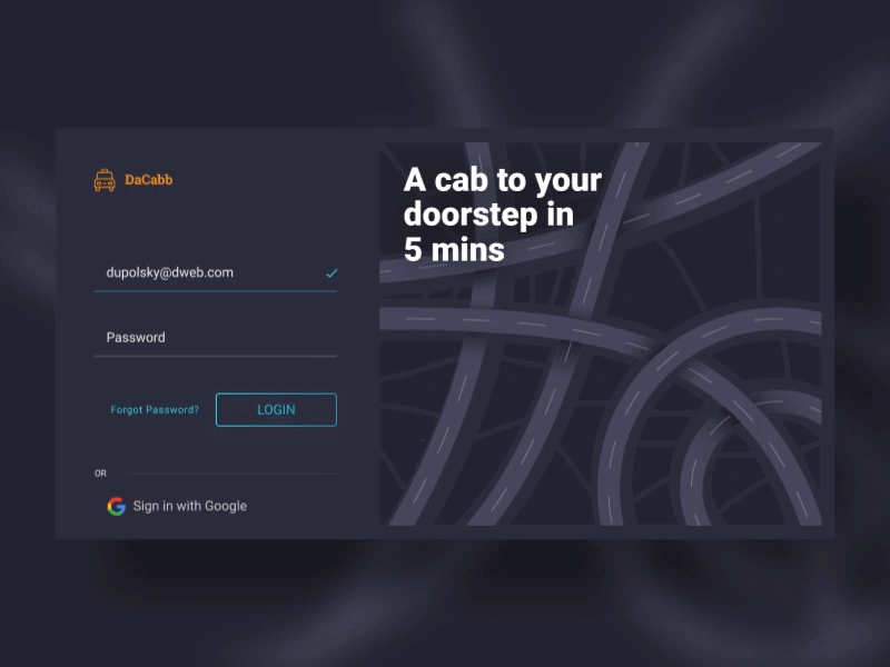 Dacabb cabb car da login map road screen taxi ui