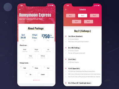 Tour Package App honeymoon honeymoon app ios iphonex schedule tour trip ui ux