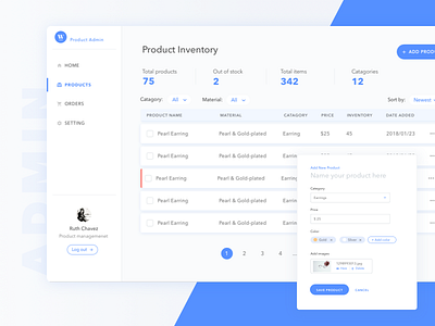 Product Admin admin dashboard filter form left bar nav product retail table