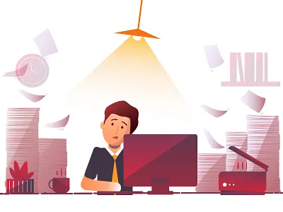 Worked Up! chaos character expressions flying papers. gradients light office table texture tired work workdesk