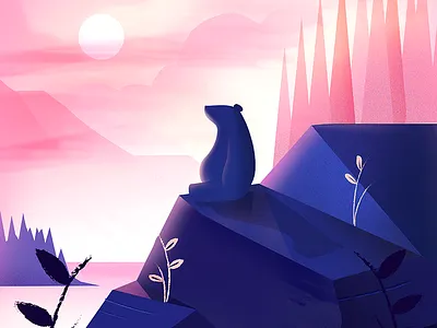 Hermi Goes on a Hike bear illustration light rocks sky sun sunset trees vector