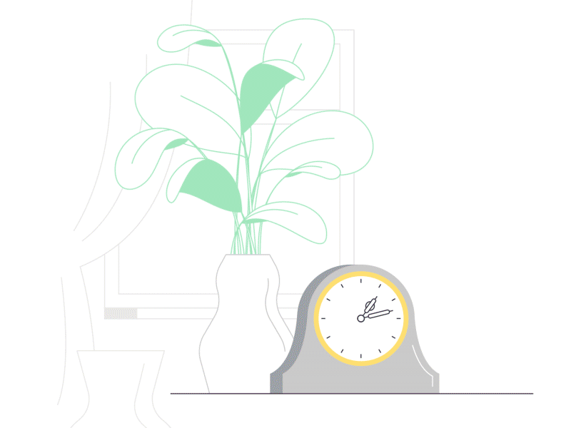 24/7 2d animation clock day ficus illustration loop night plant