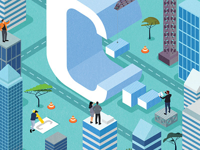 C build builder city construct illustration isometric letter offices people trees