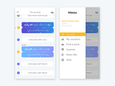 Loyalty App Journey + Side Menu app barcode login loyalty menu phone screen side tablet ui ux voucher