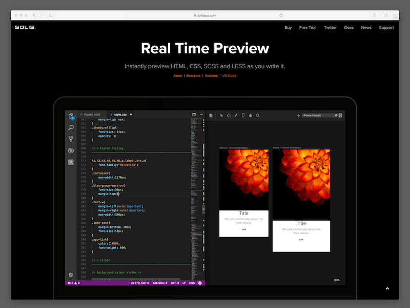 Solis Site - Realtime Preview app code css design editing html live mac scss sync web